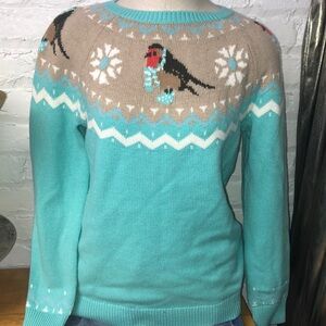Talbots Sweater Pullover M PETITE Crew Neck Lambswool Multi Blue Knit Bird Print